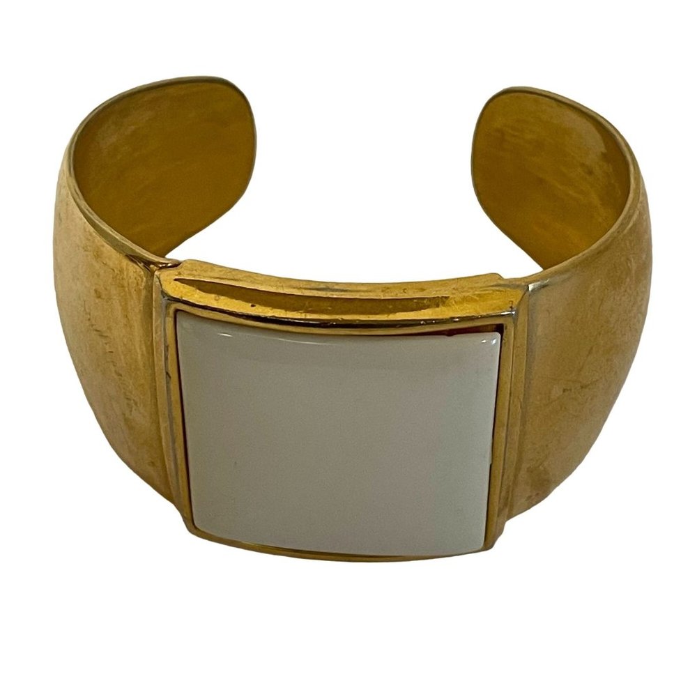 Vintage Avon Gold Toned Wide Band Cuff Bangle Bracelet White Square Lucite Inlay